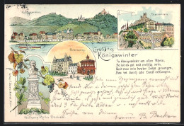 Lithographie Königswinter, Drachenfels, Petersberg, Wolfgang Müller-Denkmal  - Petersberg