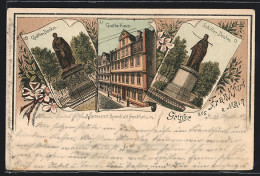 Vorläufer-AK Frankfurt A. Main, 1893, Geothe-Haus, Goethe-Denkmal, Schiller-Denkmal  - Frankfurt A. Main