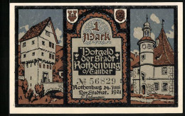 Notgeld Rothenburg O. Tauber 1921, 1 Mark, Brückenturm, Rathaus  - [11] Local Banknote Issues