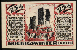 Notgeld Königswinter / Rhein 1921, 25 Pfennig, Kath. Walpottin V. Bassenheim, Burggräfin 1677, Burgruine  - Lokale Ausgaben