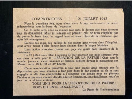Tract Presse Clandestine Résistance Belge WWII WW2 'Compatriotes / 21 Juillet 1943' Pour La Quatrième Fois, Nous... - Documentos