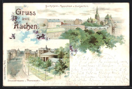 Lithographie Aachen-Burtscheid, Rosenbad Und Kurgarten, Elisenbrunnen Und Promenade  - Aachen