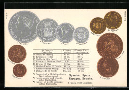 AK Spanien, Umrechnungstabelle Mit Geldmünzen Und Nationalflagge  - Monedas (representaciones)