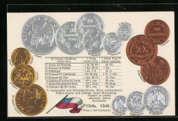 AK Chile, Nationalflagge Und Chilenische Münzen Mit Umrechnungstabelle  - Monedas (representaciones)