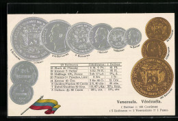 AK Venezuela, Nationalflagge Und Münzen Venezuelas Mit Umrechnungstabelle  - Monedas (representaciones)