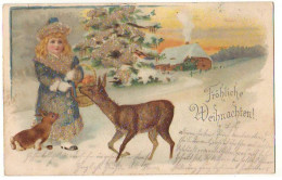 N°22819 - Carte Avec Des Perles - Fröhliche Weihnachten - Faon Et Lapin Près D'une Fillette - Autres & Non Classés