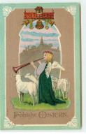 N°17374 - Carte Gaufrée - Fröhliche Ostern - Ange Gardien Entouré De Moutons - Ostern