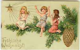 N°15028 - Carte Gaufrée - Fröhliche Weihnacht - Anges Sur Une Branche De Sapin - Autres & Non Classés