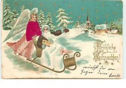 N°15029 - Carte Gaufrée - Fröhliche Weihnachten - Ange Et Père Noël Dans Un Traîneau - Autres & Non Classés