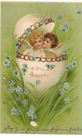 N°22831 - Paillettes - Fröhliche Ostern -Anges Dans Un Oeuf Entouré De Myosotis - Pasen