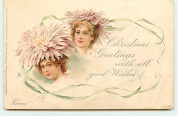 N°18384 - Christmas Greetings With All Good Wisches - Jeunes Femmes Coiffées De Fleurs - Autres & Non Classés