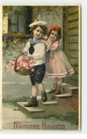 N°17385 - Carte Gaufrée - Fröhliche Pfingsten - Deux Enfants, Le Garçon Portant Un Panier Rempli De Fleurs - Pfingsten