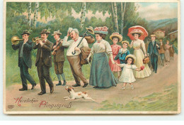 N°17392 - Carte Gaufrée - Herzlichen Pfingstgruss - Promeneurs Suivant Des Hommes Jouant De La Musique - Pinksteren