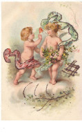 N°16249 - Deux Anges Avec Des Fleurs Et Des Voiles Décorées De Paillettes - Angels