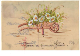 N°15057 - Carte Celluloïd - Bonne Et Heureuse Année - Brouette Remplie De Fleurs - Anno Nuovo