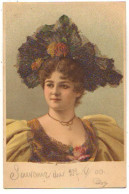 N°21653 - Carte Avec Petites Perles - Femme Portant Un Grand Chapeau Avec Des Roses - Femmes