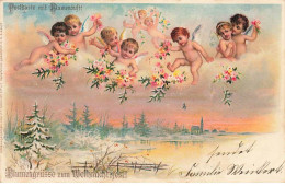 N°23810 - Noël - Blumengrüsse Zum Weihnachtfest - Couples D'anges Avec Des Fleurs Au-dessus D'un étang - Sonstige & Ohne Zuordnung