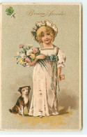 N°21678 - Carte Gaufrée - Bonne Année - Chien Près D'une Fillette Tenant Un Bouquet De Fleurs - Nouvel An