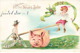 N°23829 - Nouvel An - Fröhliches Neues Jahr - Enfants Jouant à La Balancelle Avec Un Cochon - Nouvel An