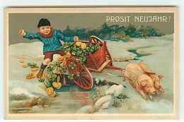 N°21680 - Prosit Neujahr ! - Cochons Tirant Un Chariot Rempli De Trèfles Et De Pièces D'or - Nouvel An