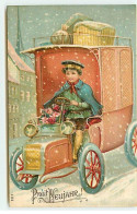 N°21681 - Carte Gaufrée - Prosit Neujahr ! - Jeune Homme Au Volant D'une Voiture, Sous La Neige - Año Nuevo