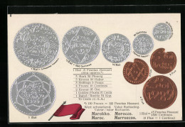 AK Marokko, Währung, Flagge, Wertabelle Rial  - Monedas (representaciones)