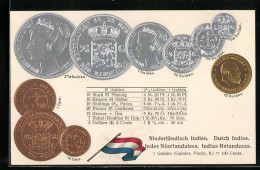 AK Geld, Niederländisch-Indien, Landesflagge, Übersicht Münzen Der Landeswährung Umrechnungstabelle  - Monete (rappresentazioni)