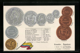 AK Ecuador, Nationalflagge Und Münzen Ecuadors Mit Umrechnungstabelle  - Monete (rappresentazioni)