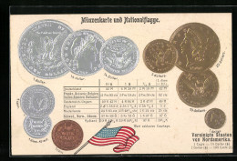 Präge-AK Vereinigte Staaten Von Amerika, Münzenkarte Und Nationalflagge  - Munten (afbeeldingen)