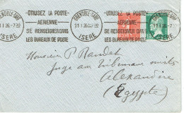 Tarifs Postaux Etranger Du 16-07-19254 (09) Pasteur N° 171 15 C. + Semeuse 85 C.  Lettre 20 G. Destination Egypte RARE 1 - 1922-26 Pasteur