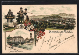 Lithographie Graz, Uhrturm, Wanderer Und Frau In Tracht, Franz Carl-Brücke  - Autres & Non Classés