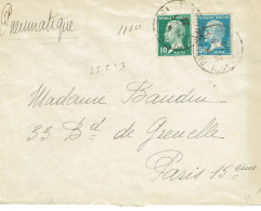 1920-04-01 (19) 170 + 176 Pasteur 10 C. + 50 C. Pneumatique 1er Ech. Premier Jour D'utilisation 25-05-1923 Pas Courant - 1922-26 Pasteur