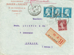 Tarifs Postaux Etranger Du 01-10-1925 (17) Pasteur N° 179 1,00  X 3  + Semeuse 20 C.   Lettre Recommandée 60 G. 29-12-19 - 1922-26 Pasteur