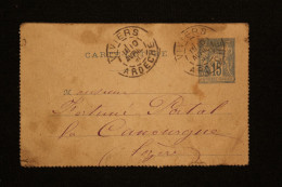 FRANCE CARTE LETTRE TYPE SAGE 15c Bleu DE VIVIERS (ARDECHE) POUR LA CANOURGUE (LOZERE) DU 10.04.1890 - Tarjetas Cartas