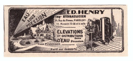 1932 - Publicité - Ed. Henry Ingénieur Hydraulicien Au 19 Rue Du Poteau à Paris 18ème - Advertising