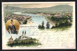 Lithographie Linz, Pöstlingberg Mit Der Elektrischen Steilbahn, Linzerin & Gesamtansicht Des Orts  - Other & Unclassified