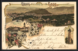 Lithographie Graz, Hilmwarte, Schlossberg Und Neue Brücke, Ortspanorama  - Autres & Non Classés