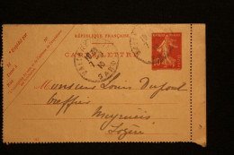 FRANCE CARTE LETTRE TYPE SEMEUSE FOND PLEIN DE VALLERAUGUE (GARD) POUR MEYRUEIS (LOZERE) DU 07.09.1910 - Tarjetas Cartas