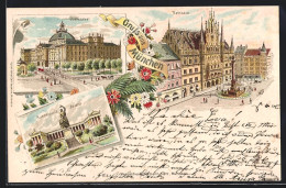 Lithographie München, Justizpalast, Ruhmeshalle Bavaria Und Rathaus  - München