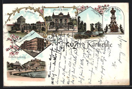 Lithographie Karlsruhe, Gierordtsbad, Stadtgarten Lauterberg, Malsch Brunnen, Schlossgarten  - Karlsruhe