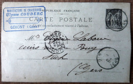 Carte Postale Entier 10c Type Sage - Repiquage "Ulysse COUDERC Gimont (Gers)" 1897 - Standard- Und TSC-AK (vor 1995)