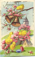Carte à Système Joyeuses Paques Cloches Poussins Oeufs Maisons Pailletée RV - Cartoline Con Meccanismi