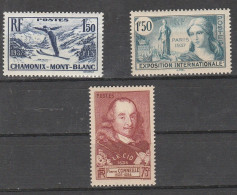 France N° 334 à 336 ** 3 Valeurs - Unused Stamps