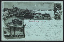 Mondschein-Lithographie Kiel, Schloss Mit Seegarten Und Hafen, See-Bade-Anstalt, Bellevue  - Kiel