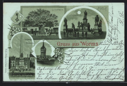 Mondschein-Lithographie Worms, Wasserthurm, Lutherbaum, Ludwig-Denkmal  - Worms