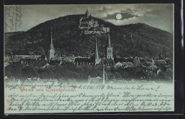 Mondschein-AK Wernigerode, Ortsansicht Mit Blick Zum Schloss  - Wernigerode