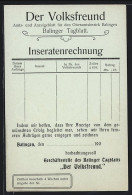 AK Balingen, Der Volksfreund, Amts- Und Anzeigeblatt, Inseratenrechnung  - Balingen