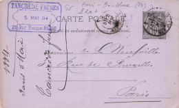 CARTE. ENTIER SAGE. PARIS. 1884. RUE BLEUE. TANCREDE FRERES RIE BAUDIN - 1877-1920: Semi-moderne Periode