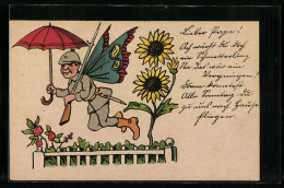 AK Soldat Als Schmetterling Mit Regenschirm  - War 1914-18