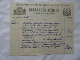 FACTURE ANCIENNE : Entreprise De Maçonnerie & Couvertures BOULANGER-RICHARD - OUARVILLE 1929 - 1900 – 1949